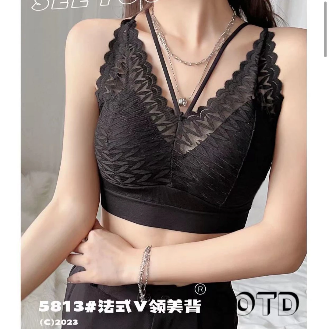 法式V领蕾丝美背5813固定内垫一体式文聚拢防下垂胸罩性感文胸女
