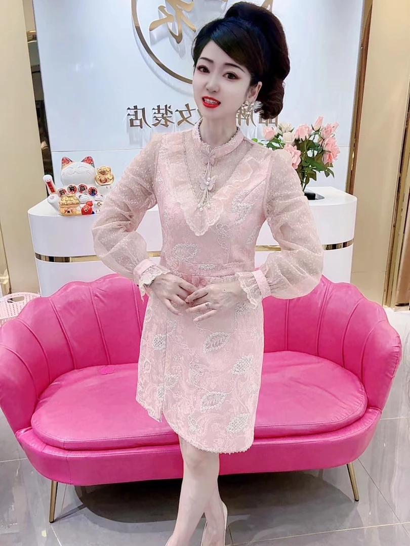 高级重工订珠网纱显瘦气质时尚长袖女装连衣裙