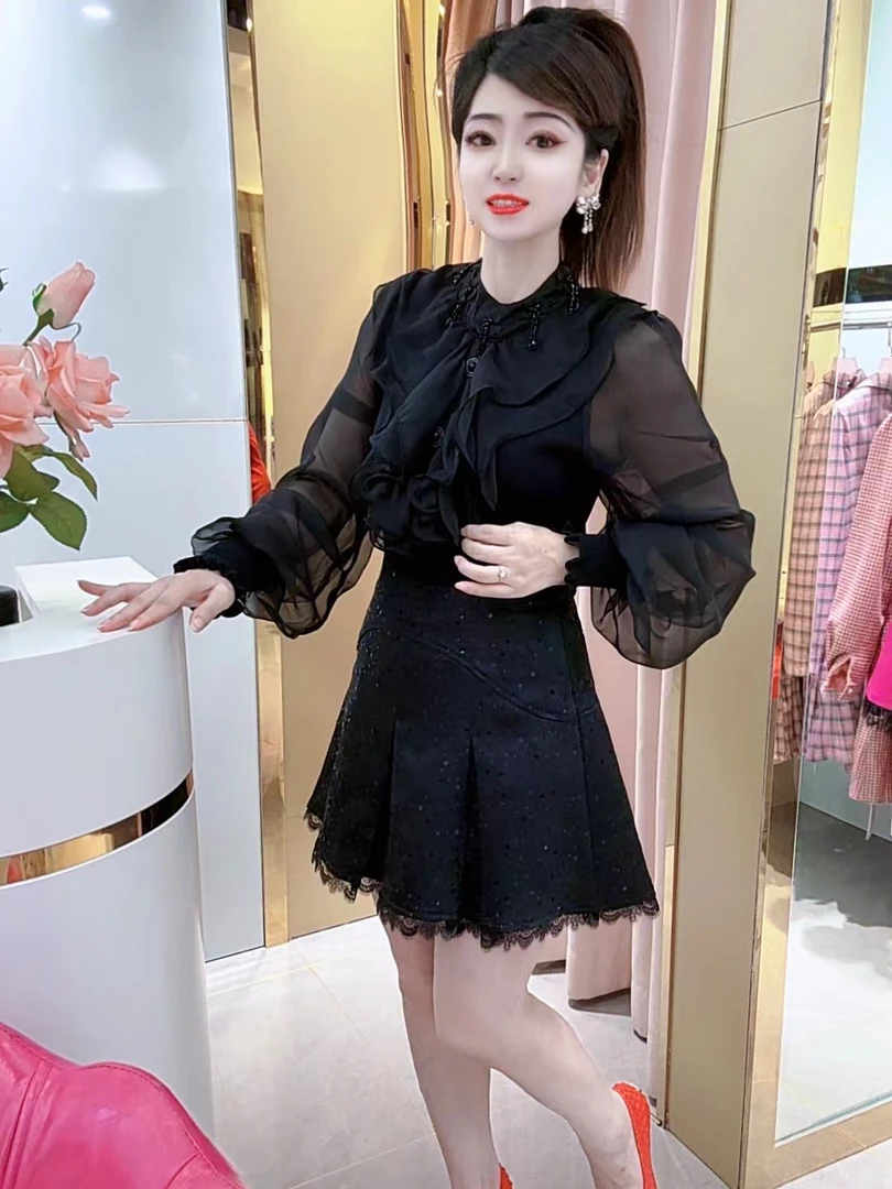 高级重工订珠洋气减龄甜美显瘦时尚百搭毛衫气质长袖黑色上衣