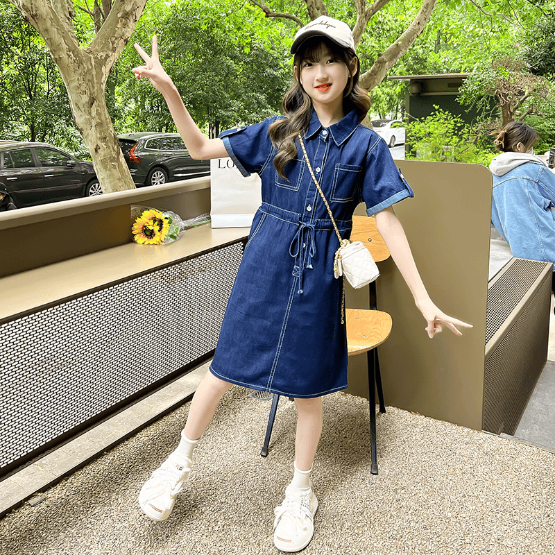 女童连衣裙夏装2024新款儿童洋气时髦夏款薄款短袖中大童牛仔裙子