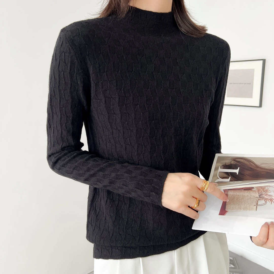 全国包邮7502女士中领长袖提花毛衫柔软亲肤时尚百搭保暖修身