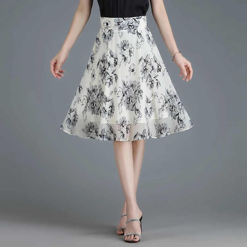 夏季时尚中长款显瘦A字半身裙印花薄款裙子百搭碎花半裙高腰大摆