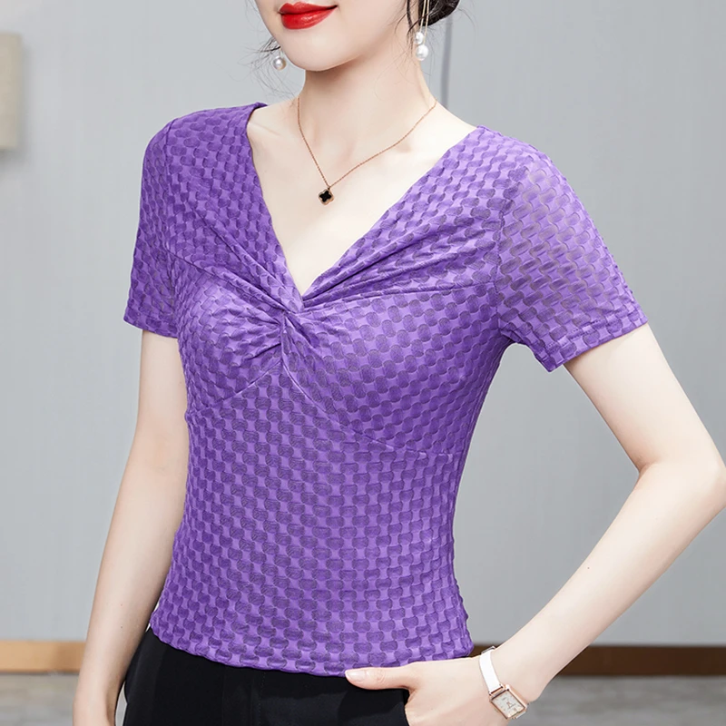 夏季薄款短袖泡泡纱t恤女新款蝴蝶扭结V领上衣时尚网纱小衫纱衣