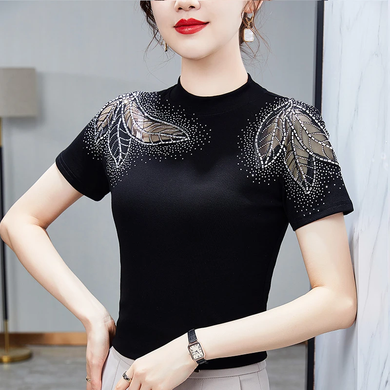 2023春夏高档新款圆领短袖T恤女镂空烫钻洋气跳舞性感小衫上衣潮
