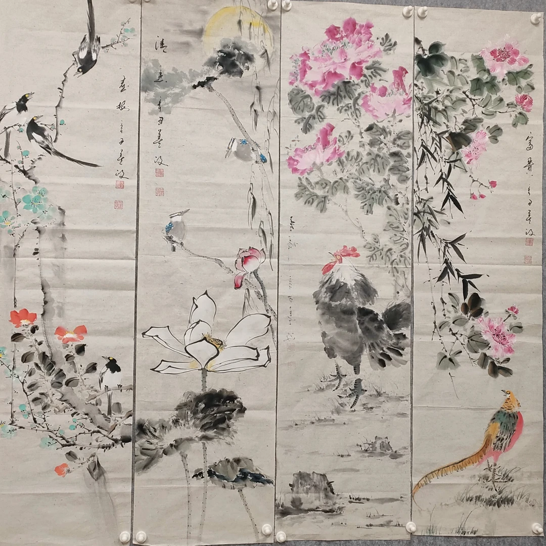 国画作品花鸟《四条屏》