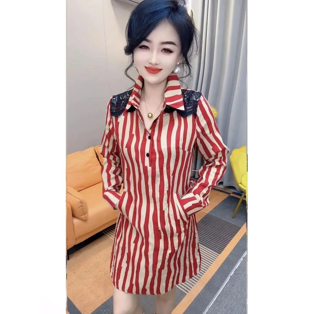 欧货条纹年轻衬衫连衣裙2024新款休闲长袖宽松遮肉时尚洋气打底裙