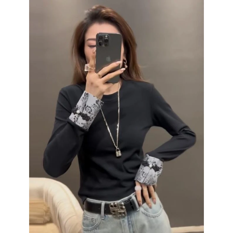 新中式长袖T恤女2024早春新款国风复古设计感修身内搭打底衫上衣