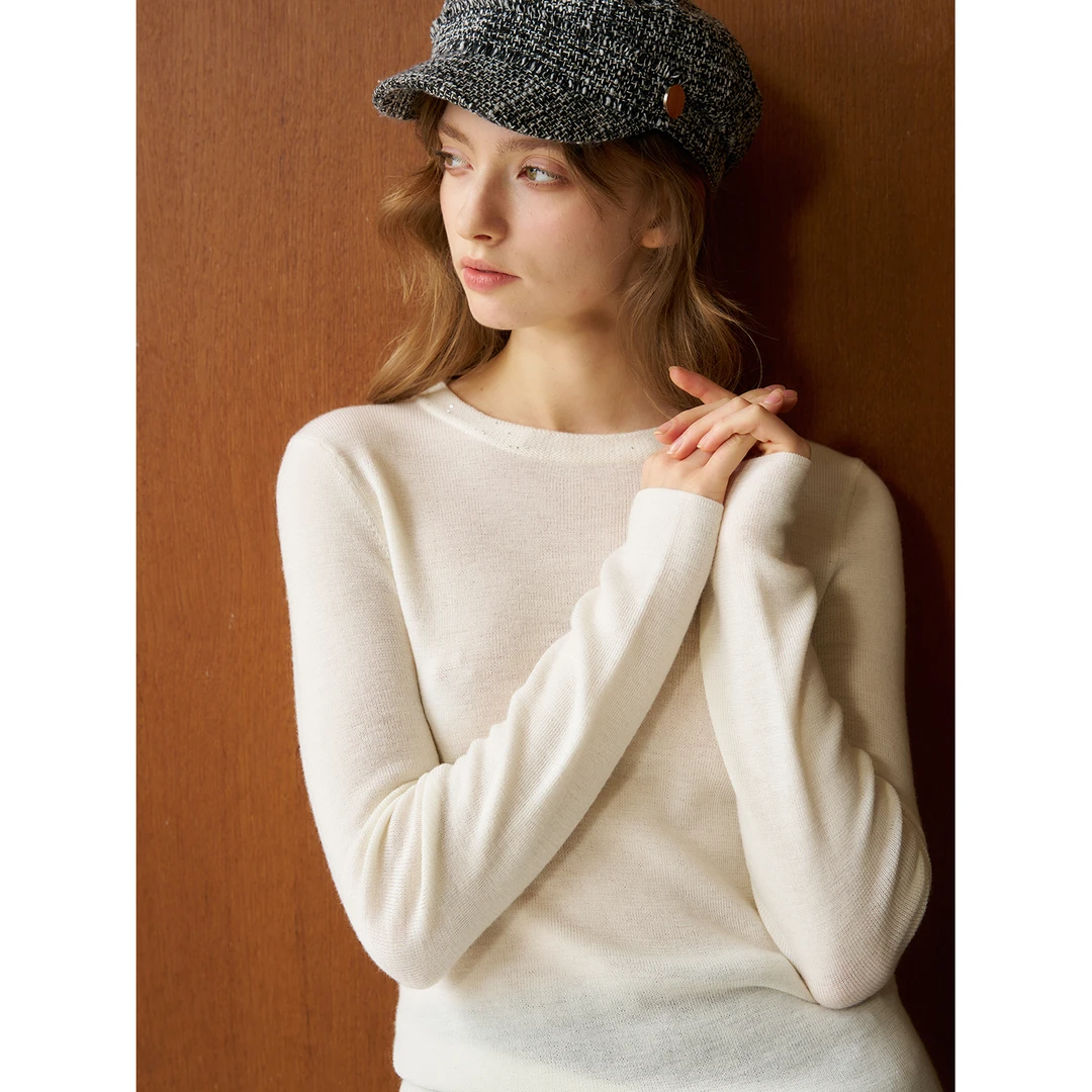 小岛微风 BC同款 领口精致珠片 德国扬子精纺羊毛打底衫 MY112620