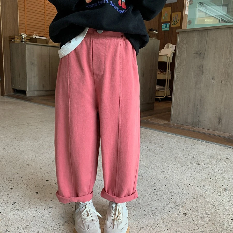 【已开价】男女童宝宝纯色长裤子春款宽松一粒扣拼接休闲裤M027