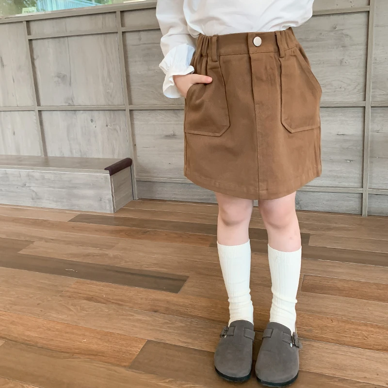 【现货已开价】儿童春款纯色百搭半身裙斜纹棉布口袋工装短裙 K0162