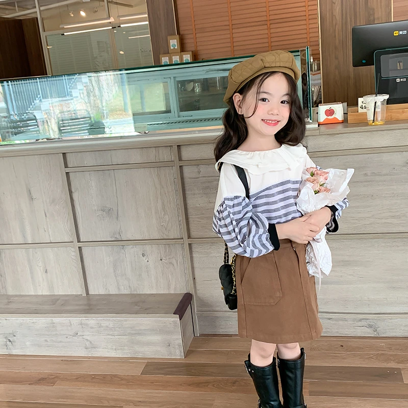 【现货】春款儿童撞色荷叶娃娃领上衣条纹娃娃衫  K0178