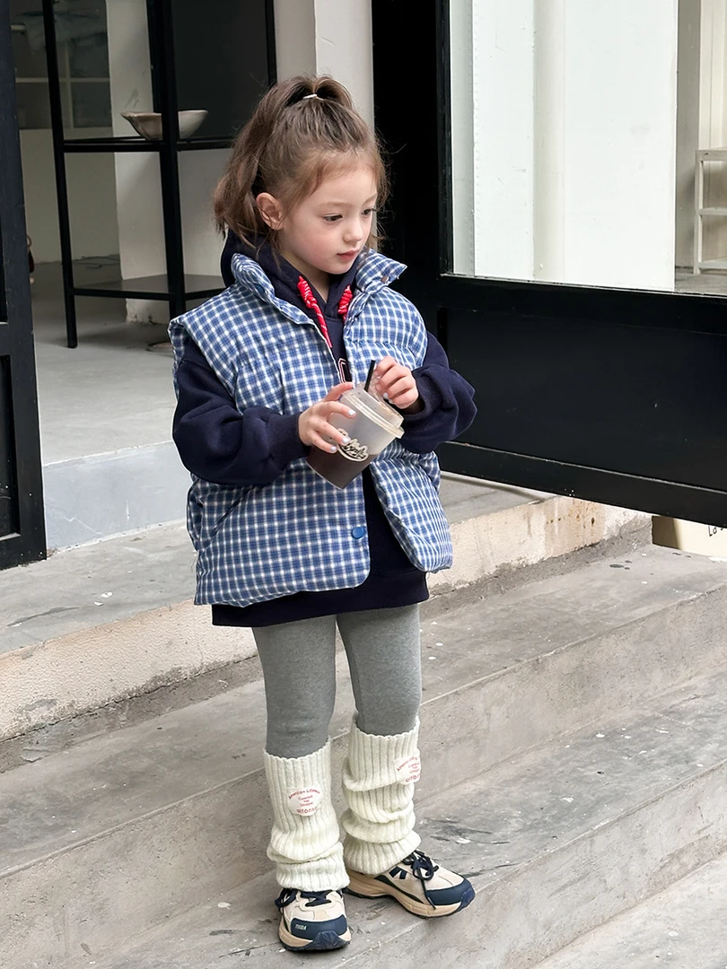【现货已开价】复古洋气保暖坎肩冬新款儿童蓝色格子棉马甲24A092