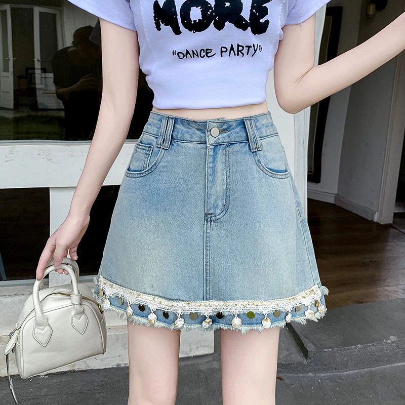 夏季复古蓝短裙牛仔半身裙女高腰小个子a字包臀三分短裙子6962