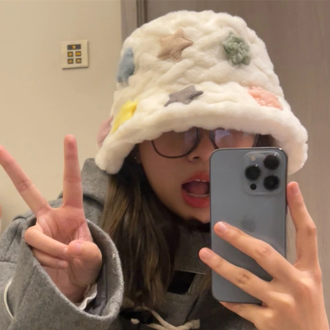 小星星渔夫帽秋冬毛绒帽子防风显脸小大头毛毛水桶帽秋冬保暖帽女