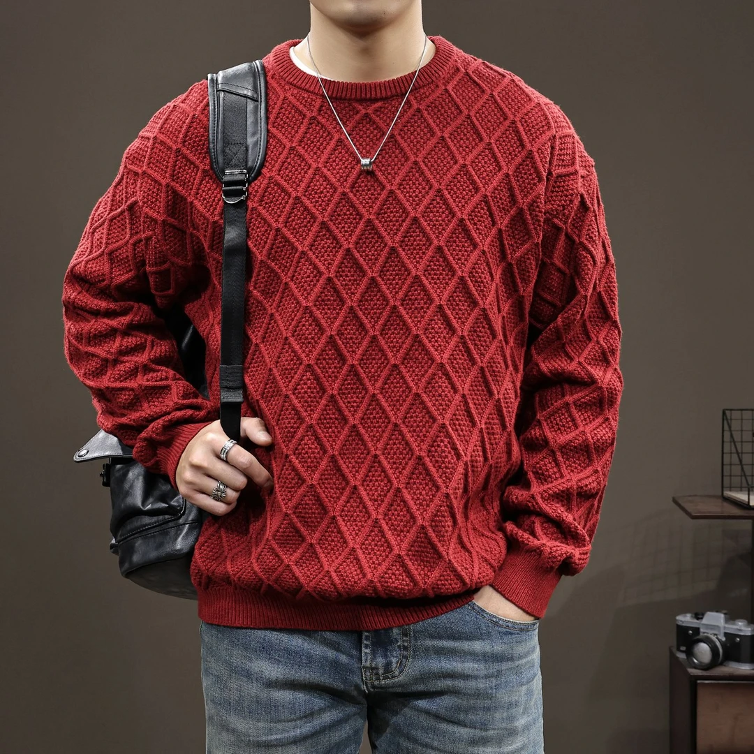 休闲毛衣男纯色2024年冬季重磅本命年圆领宽松慵懒风菱形针织衫