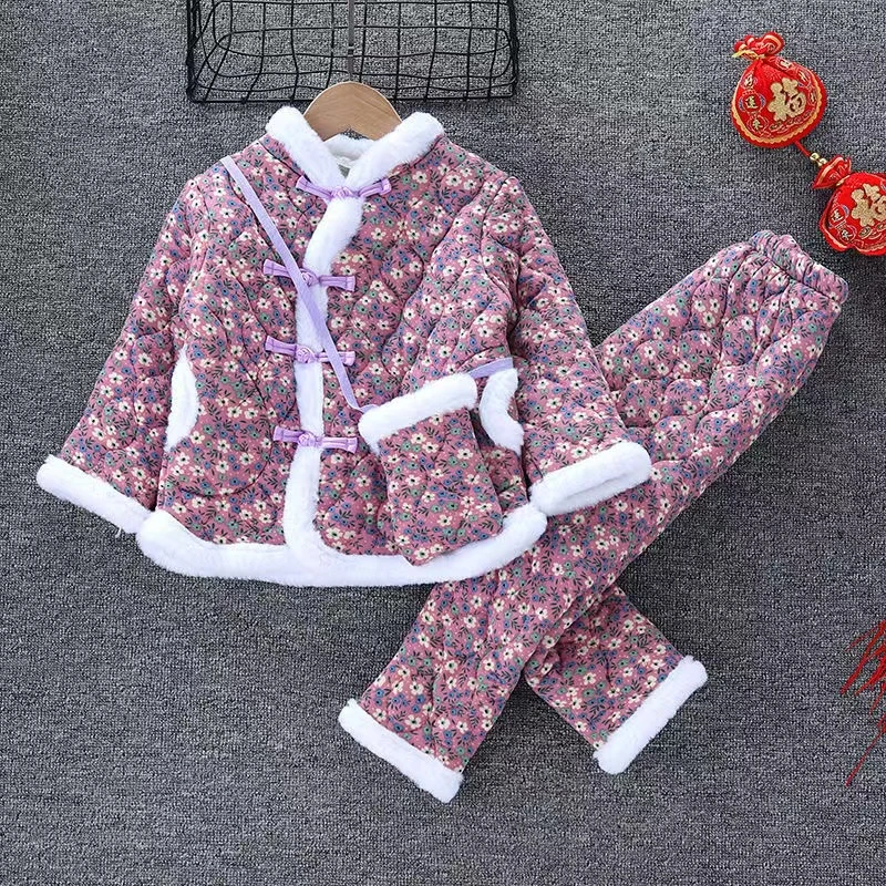 儿童冬季加绒套装男女童大花棉袄棉裤加厚中国风棉服唐装拜年服