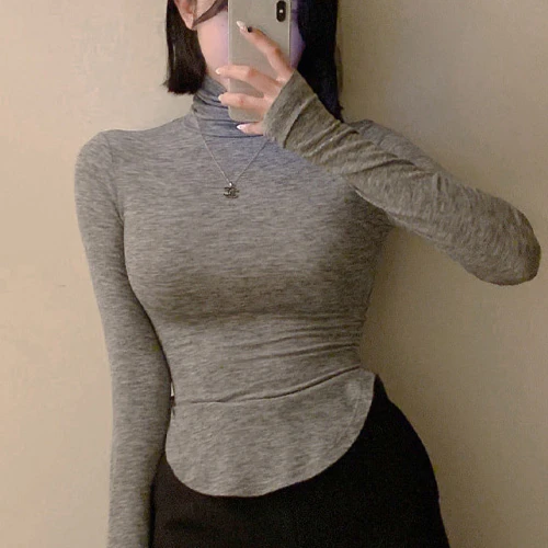 秋冬磨毛高领弧形下摆长袖打底衫女洋气厚款上衣性感显瘦内搭T恤