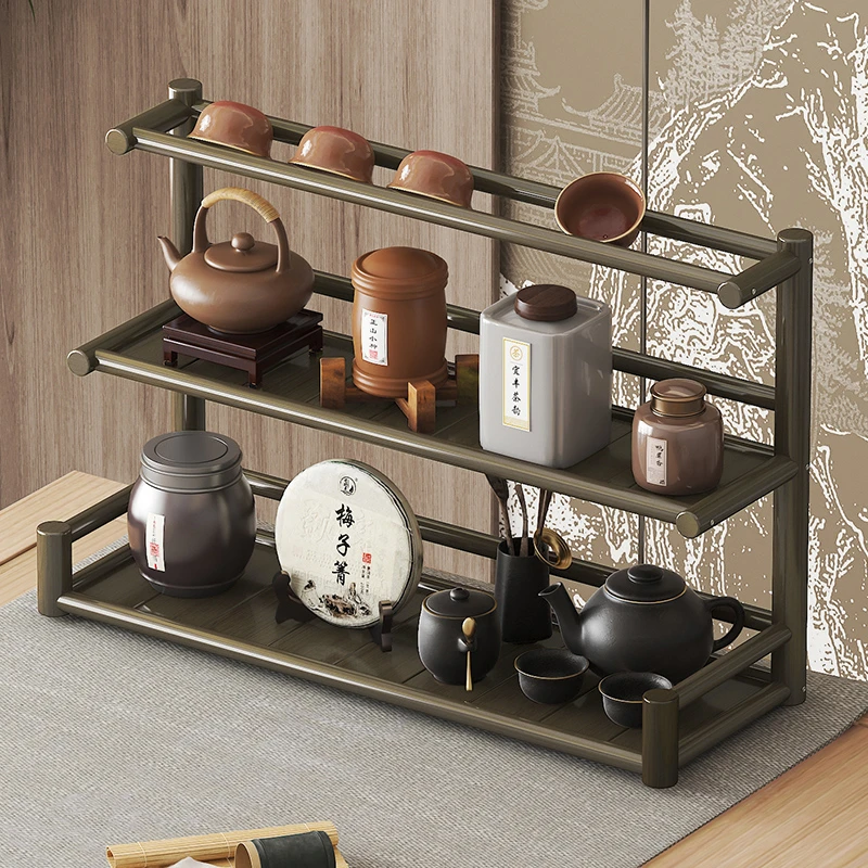 竹非凡简约桌面茶杯收纳置物架子小型博古架中式茶具茶叶摆件展示