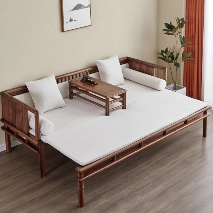 北美黑胡桃木推拉式沙发新中式实木罗汉床简约客厅家具伸缩沙发床