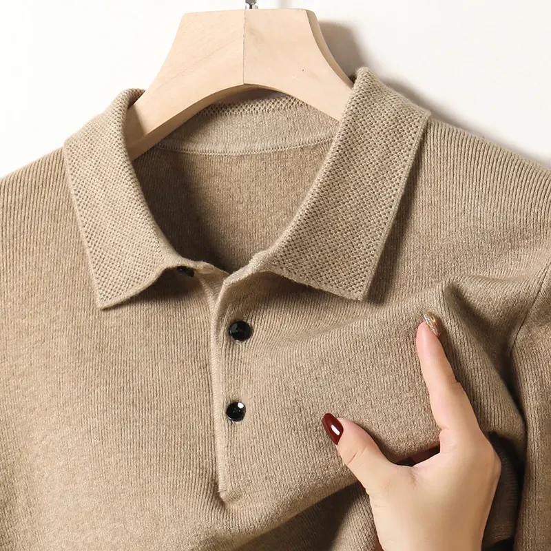 鄂尔多斯市产100%纯羊毛衫男士纯色翻领长袖加厚毛衣针织衫男款