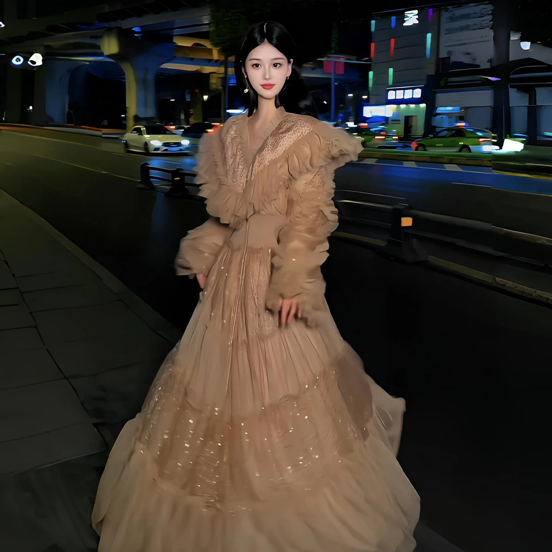 亚町家原创2641-1外套时尚甜美秋冬气质显瘦蕾丝珠片绣法式收腰