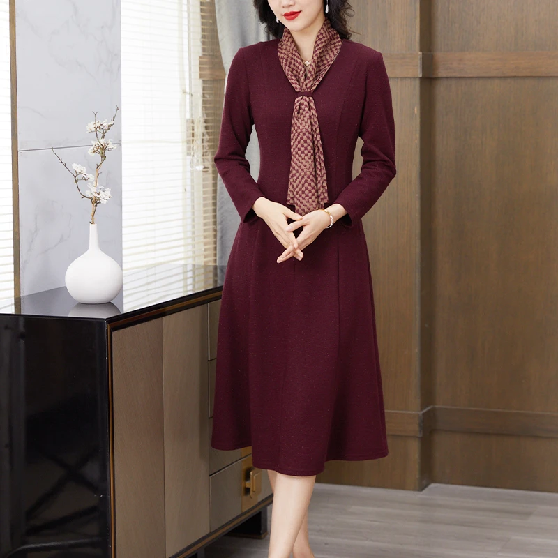 【香妮芬】83053-B气质显瘦修身新款红色连衣裙飘带2024时尚