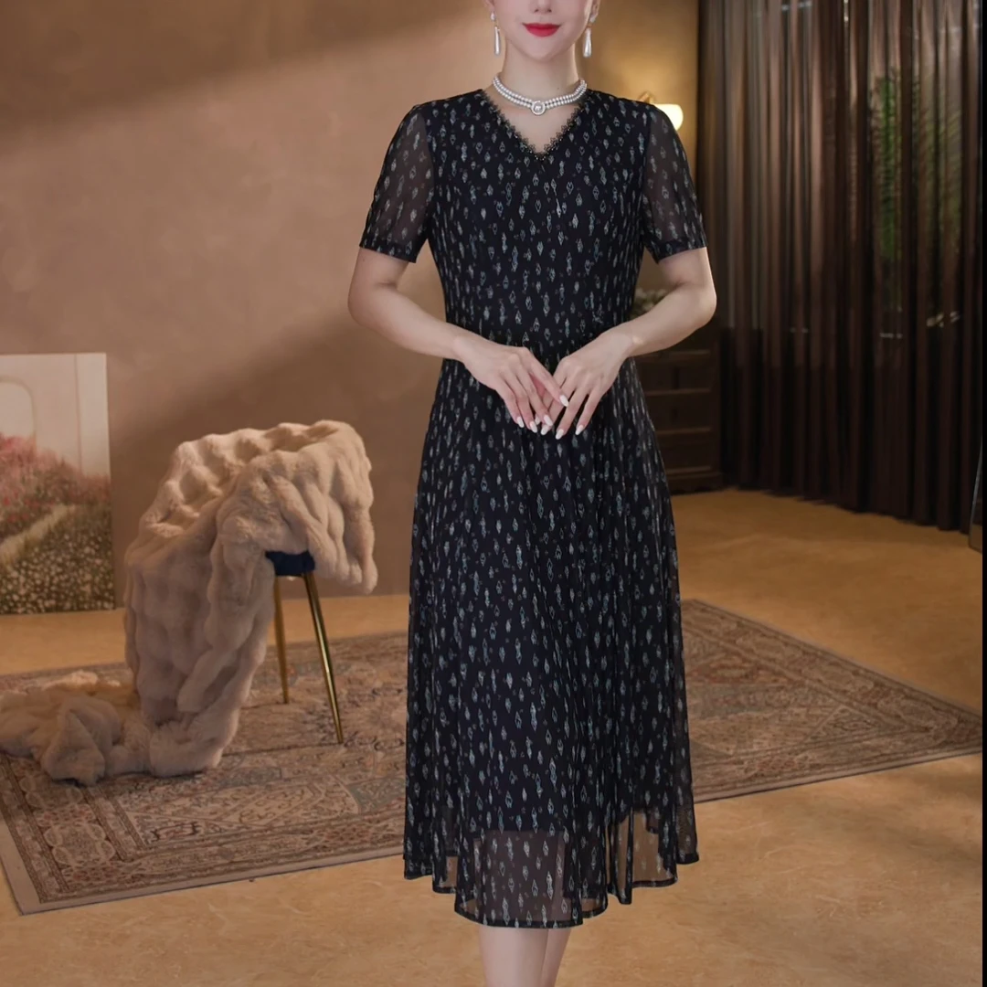 【香妮芬】83133进口纱蕾丝连衣裙新中式国风新款黑色洋气气质裙
