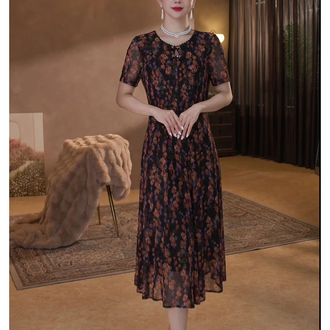 【香妮芬】83111进口纱碎花连衣裙大码女装国风新款气质洋气