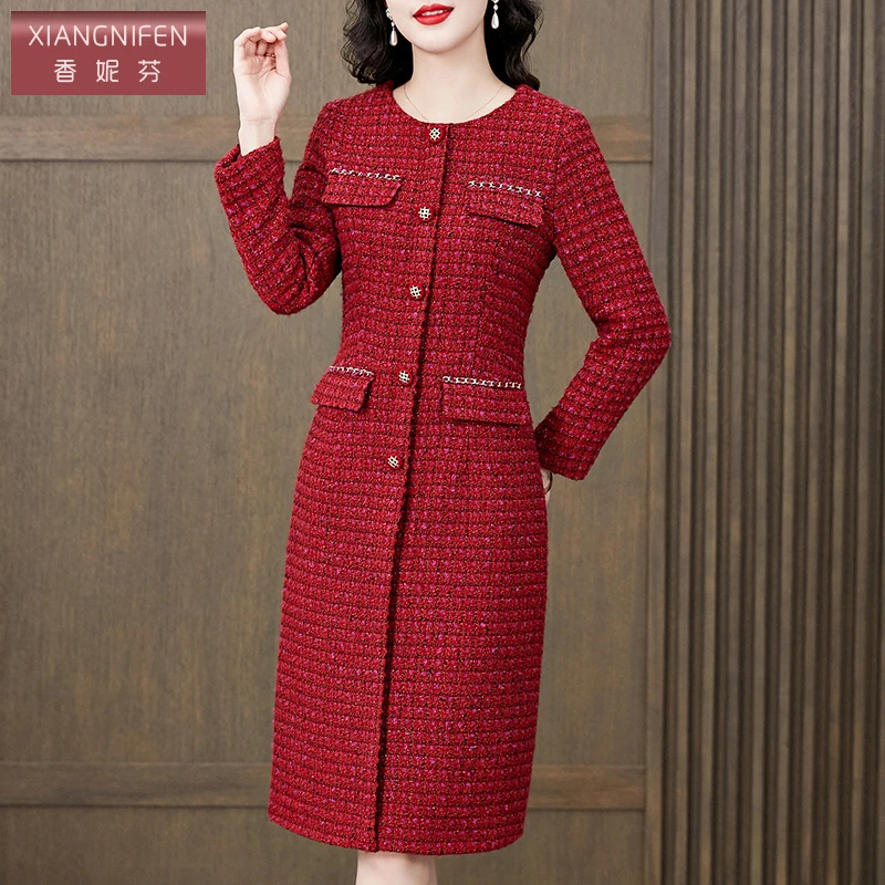 【香妮芬】82816-1A鎏金红色羊毛手工金丝小香风连衣裙时尚显瘦气质