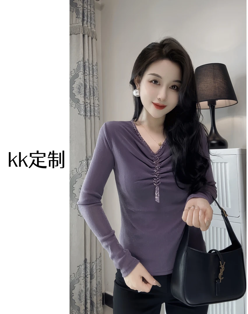 钉珠气质内搭网纱T恤女V领长袖打底衫2024春秋新款修身显瘦上衣潮