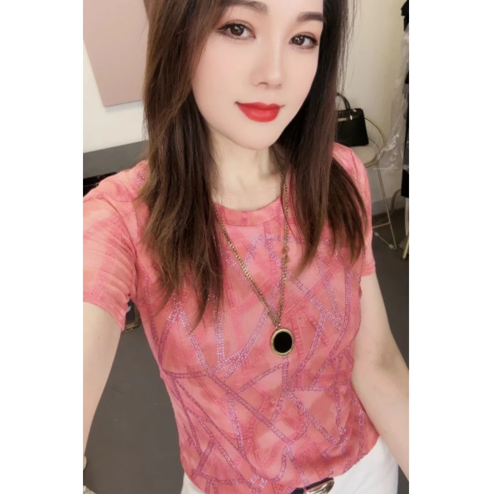 【柔姐专属】圆领高弹网纱T恤女2024夏季气质烫钻短袖洋气显瘦打底