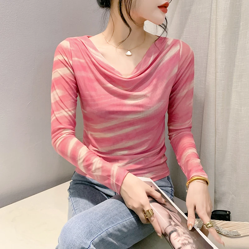 【齐姐专属】荡领撞色网纱长袖T恤女2024年春季新款时尚套头打底衫