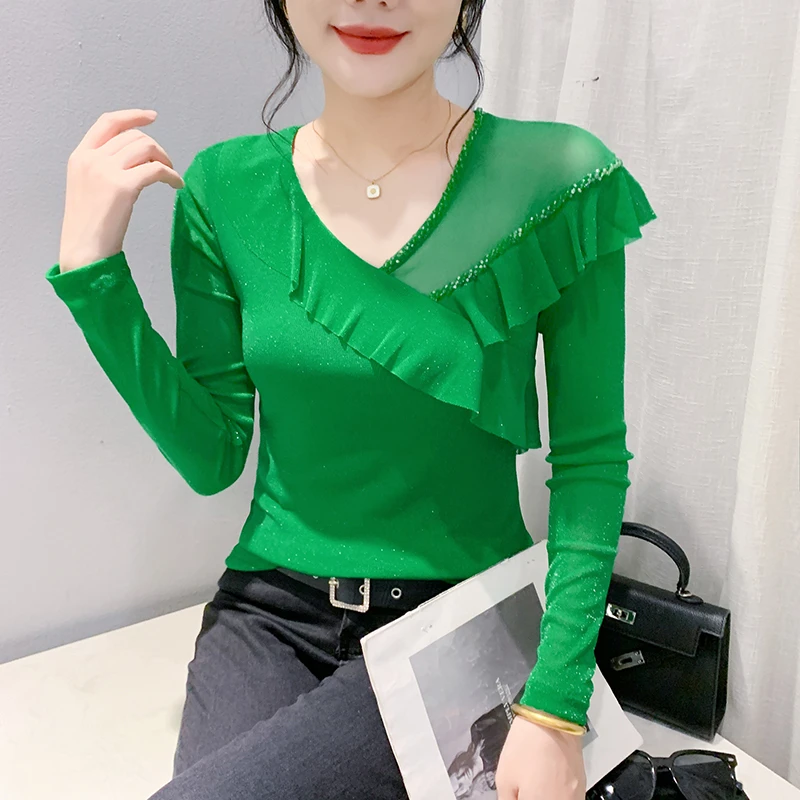2024年夏季气质百搭V领荷叶边修身显瘦T恤女洋气钉珠性感纯色长袖