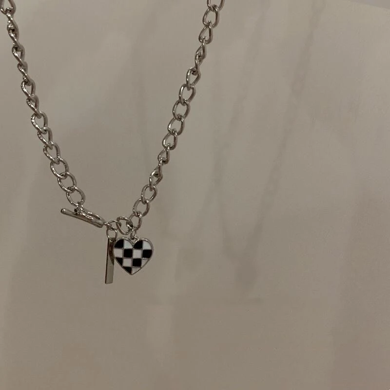 合金项链 ot扣棋盘格爱心简约项新款女锁骨链小众设计感ins冷淡风