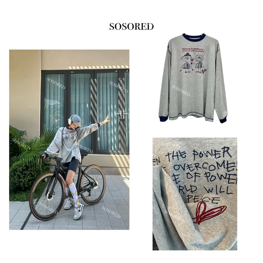 SOSORED-两个小人儿 亚麻棉长袖T恤宽松舒适上衣