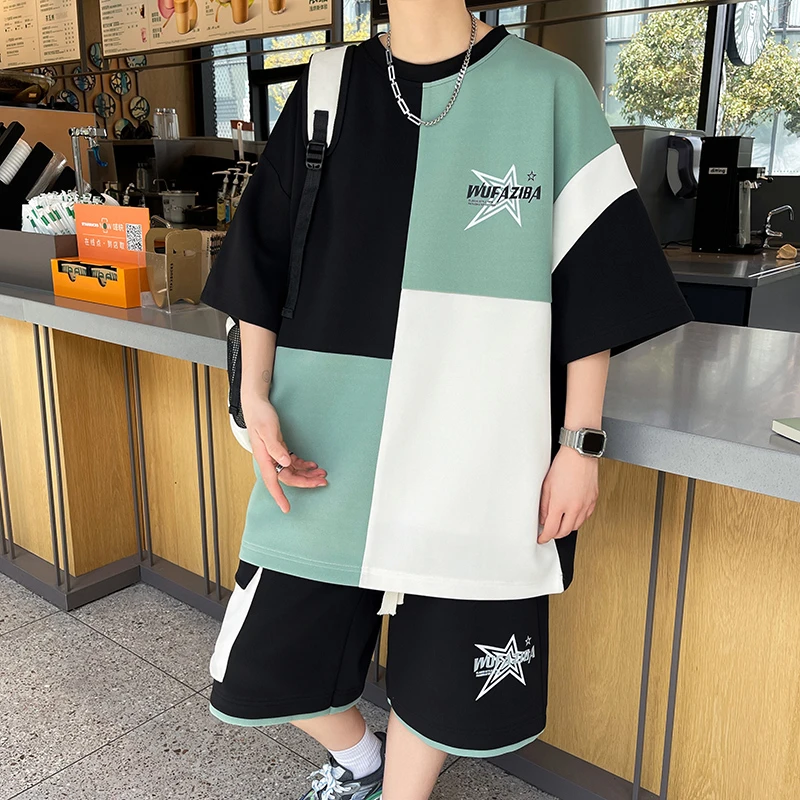 男士短袖t恤套装2025夏季新款港风潮流时尚休闲百搭青少年两件套