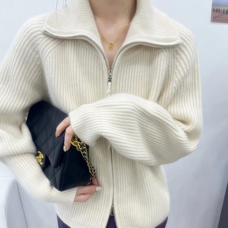 秋冬新款100%纯羊毛双拉链开衫女宽松慵懒休闲时尚百搭高领加厚