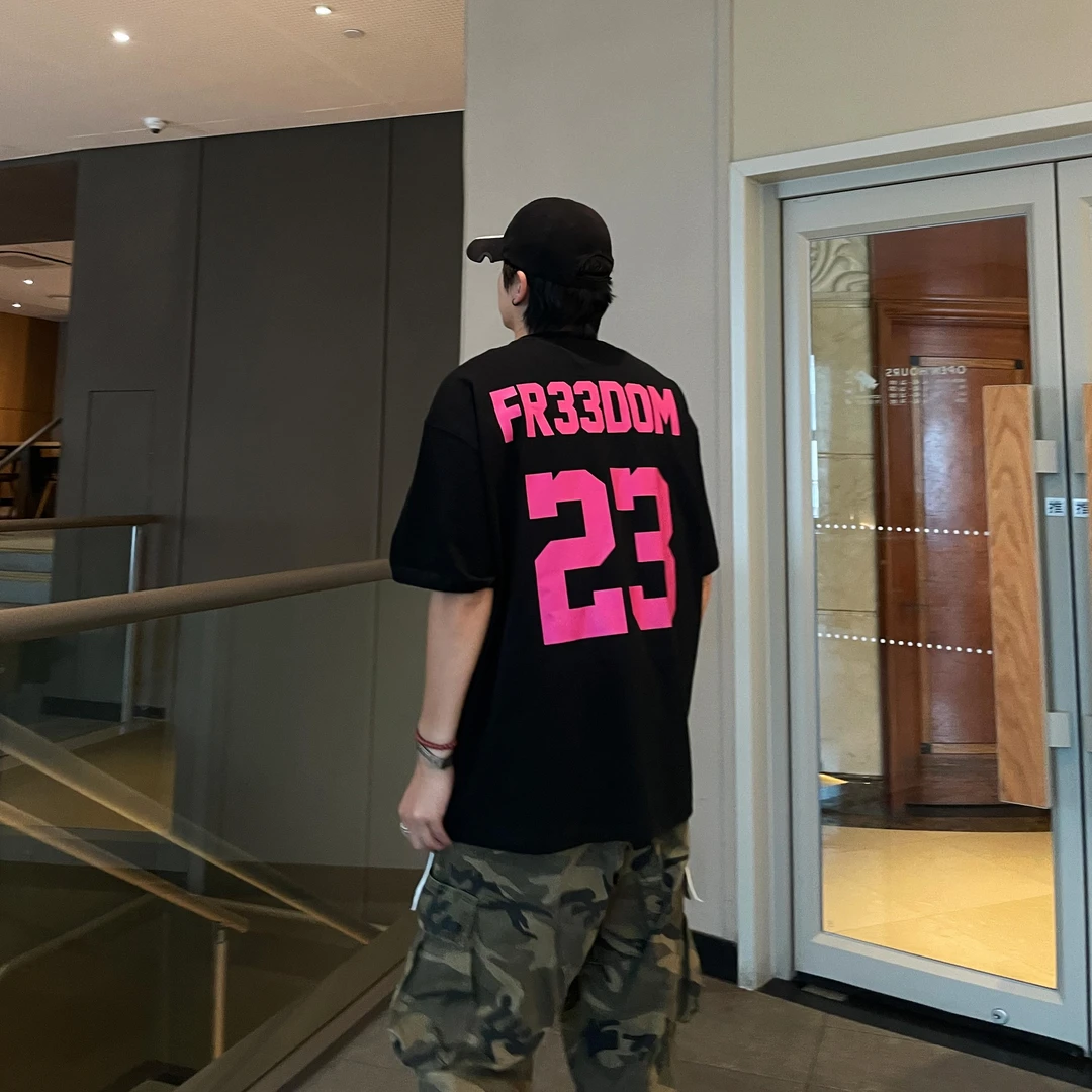 【黑粉】重磅棉潮流复古美式叠穿彩色印花宽松运动圆领短袖T恤男女