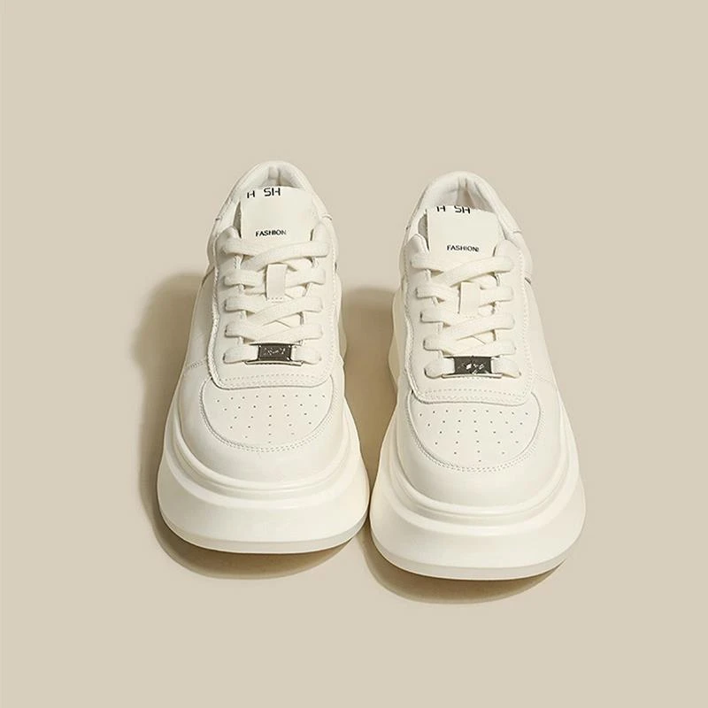 万达撤柜头层牛皮厚底百搭运动休闲小白鞋女板鞋2025新款透气秋冬