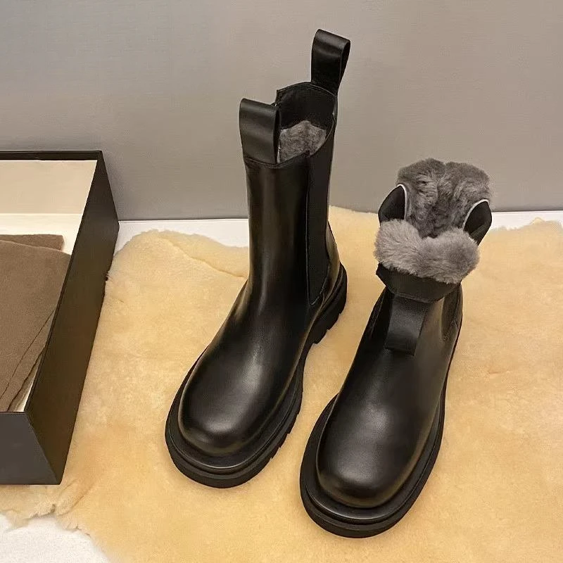 万达撤柜头层牛皮皮毛一体雪地靴女切尔西马丁靴烟筒靴显瘦保暖大
