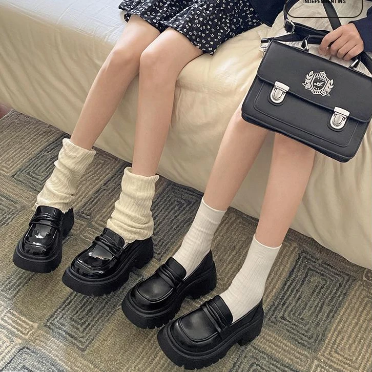 法式英伦风粗跟厚底小皮鞋女2024新款秋季复古增高一脚蹬乐福鞋子