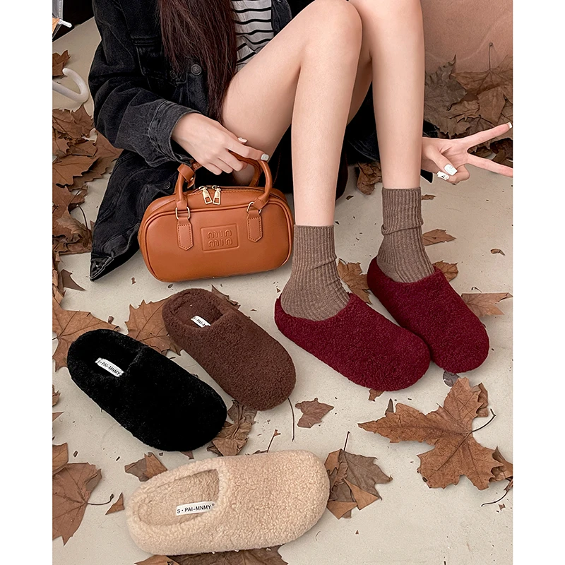 南在南方安哥拉红厚底毛毛拖鞋女2025新款秋冬外穿软底包头棉拖鞋