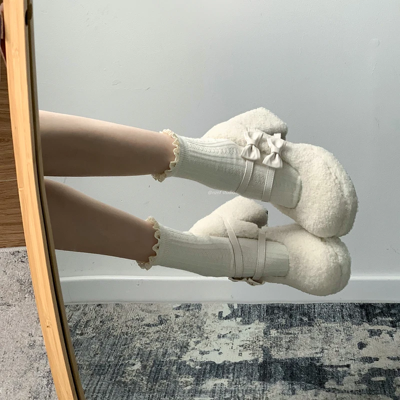 南在南方白色粗跟玛丽珍高跟鞋女2024新款秋冬加绒法式厚底毛毛鞋