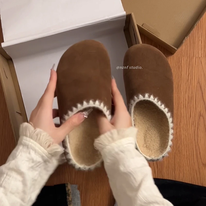 复古包头平底毛毛拖鞋女外穿2024新款秋冬加绒软底勃肯懒人鞋