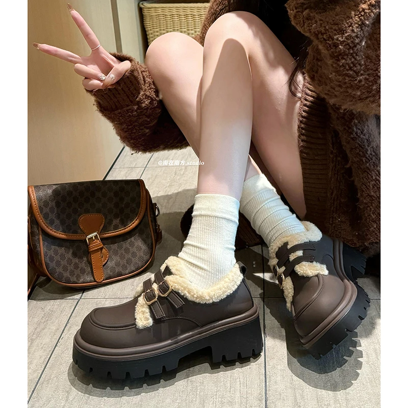 百搭圆头黑色复古英伦风厚底小皮鞋女2023新款秋冬加绒保暖棉鞋子