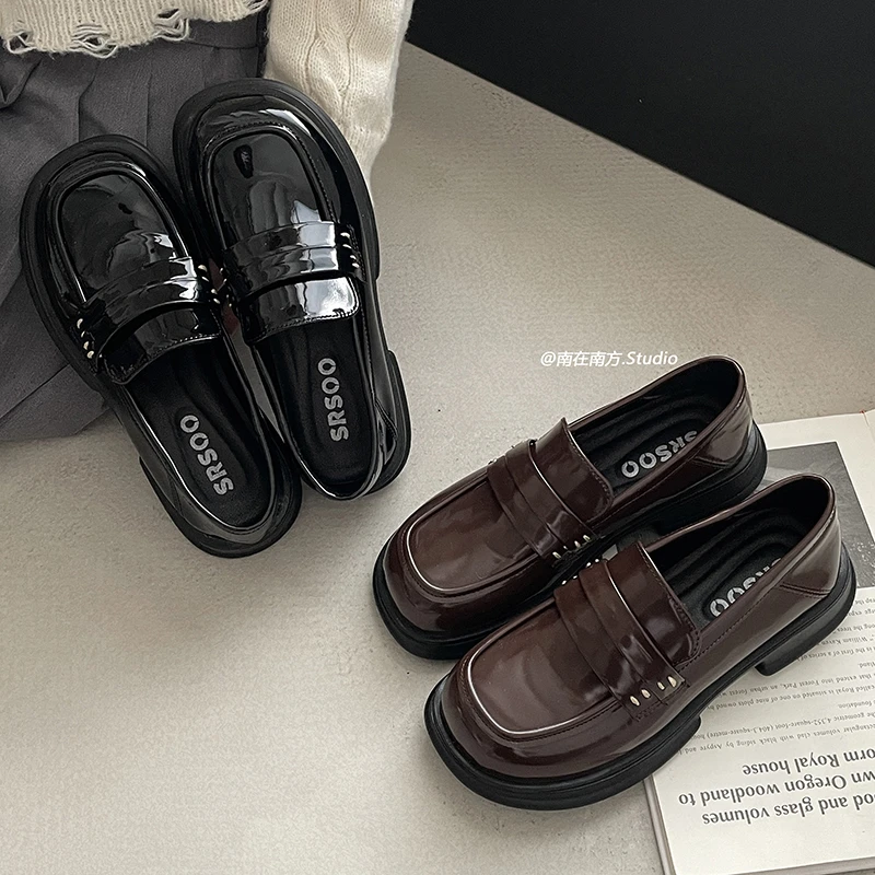 南在南方黑色爆款玛丽珍厚底小皮鞋女2023新款秋冬法式一脚蹬单鞋