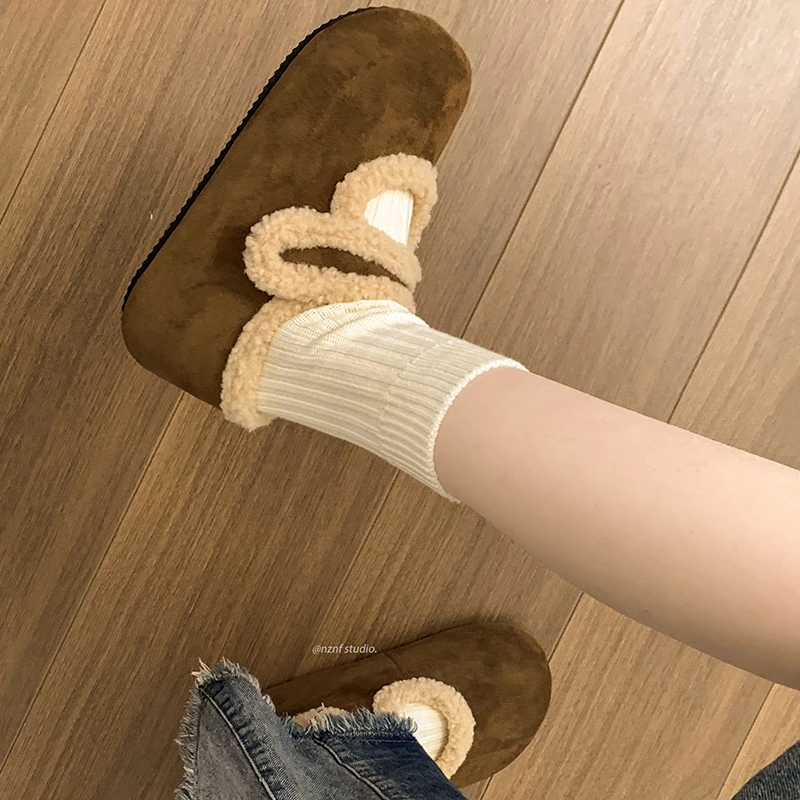南在南方复古魔术贴平底棉鞋女2024新款冬季加绒保暖勃肯毛毛鞋子