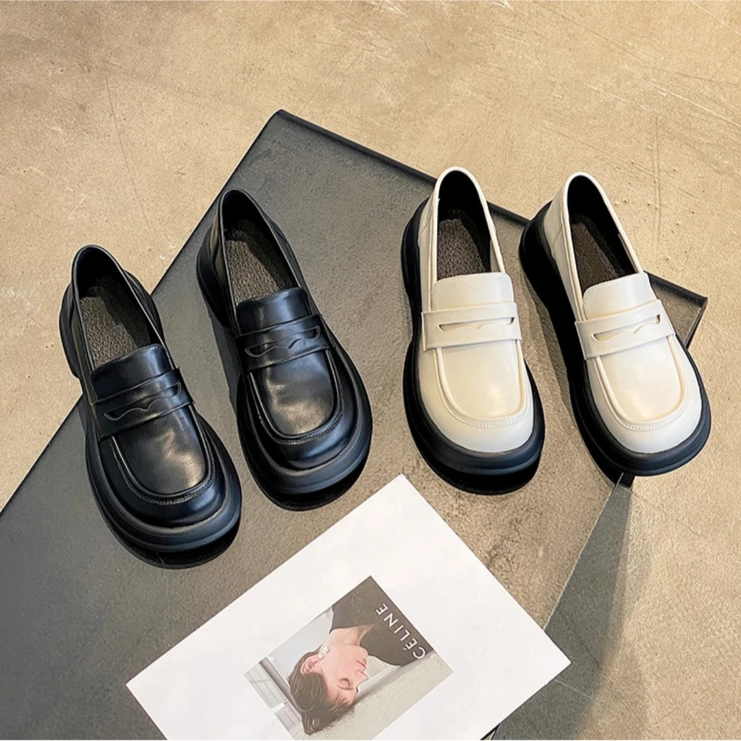 英伦风小皮鞋女秋2024新款圆头厚底单鞋百搭一脚蹬懒人黑色乐福鞋