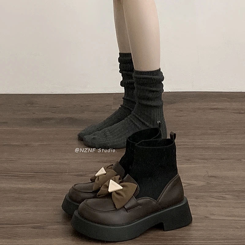 南在南方玛丽珍厚底袜靴女2024新款秋冬小皮鞋蝴蝶结爆款粗跟短靴