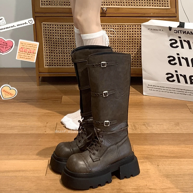 棕色美式复古不过膝厚底长筒靴女2024新款秋季美拉德增高骑士靴子